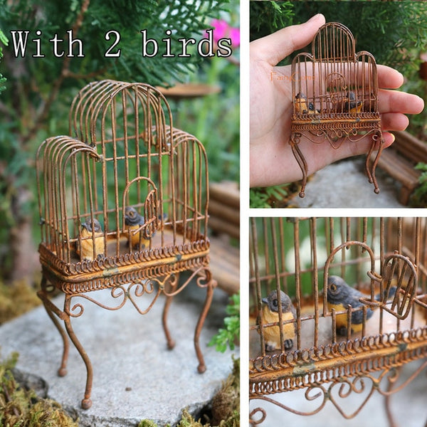 Rustic Vintage Standing Bird Cage & Birds Miniature Fairy Garden Decor